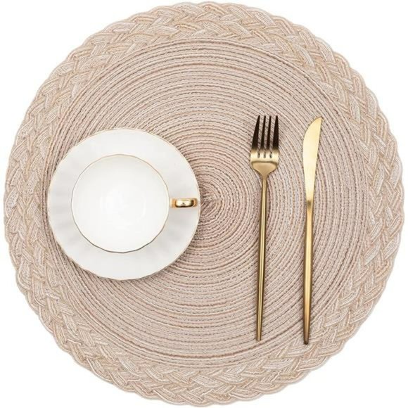 Round Placemats Set of 6 Woven Braided Border Table Mats  15 inch, Beige - Picture 2 of 7